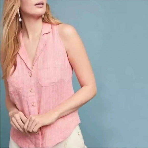 Anthropologie Maeve Felicity Sleeveless Button Front Linen Top Light Red SZ US 6 - Picture 2 of 11